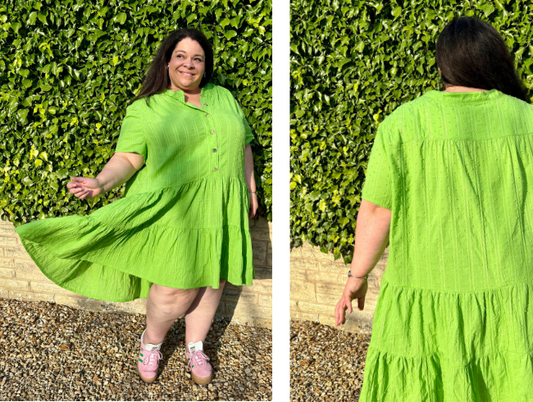 Poppy Dress in lime green crinkle fabric, front and back views on pattern tester, with button-front bodice and tiered skirt