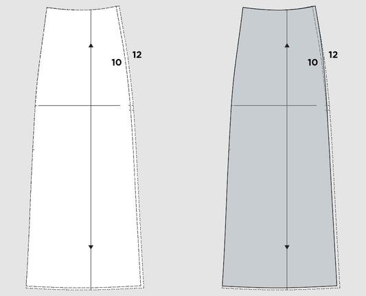 Reed Skirt pattern diagram showing how to blend between sizes 10 and 12 at waist and hip, with grading lines marked