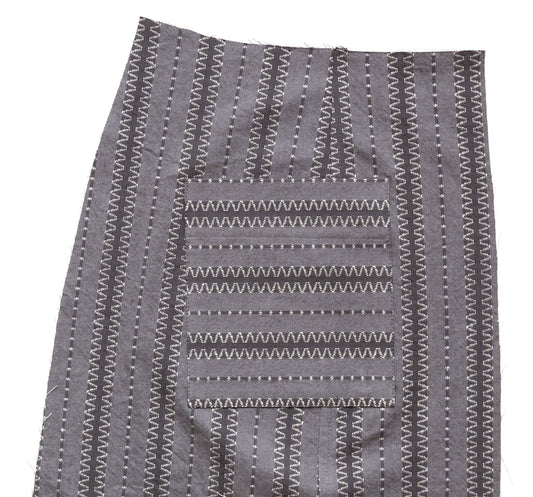 Reed Skirt Views C & D front panels in gray and white striped fabric with patch pockets cut on crossgrain and princess seams