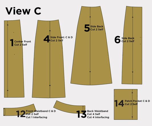 Reed Skirt View C pattern pieces diagram, numbered 1-14, including front, back, side, waistband, and patch pocket pieces