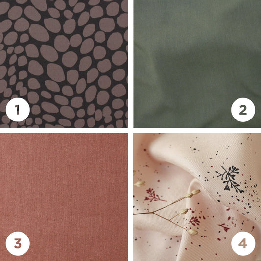 Four Reed Skirt fabric options numbered 1-4: mauve pebble print, sage green solid, dusty rose linen, and cream botanical print