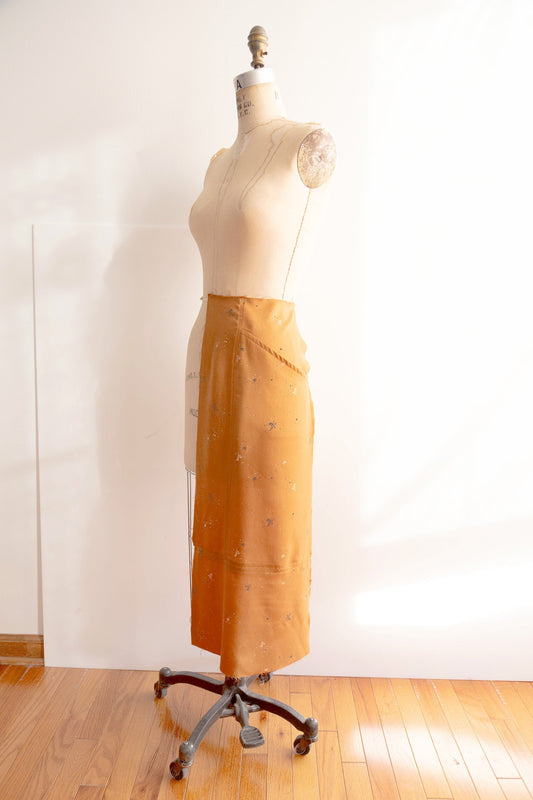 Reed Sew-Along: Views B & D Hem Extensions, showing maxi-length skirt in amber Atelier Brunette rayon on dress form