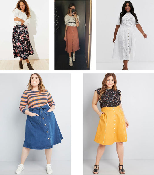 Five Reed Skirt inspirations: floral midi, rust button-front, white eyelet, blue denim, and yellow button-front A-line skirts