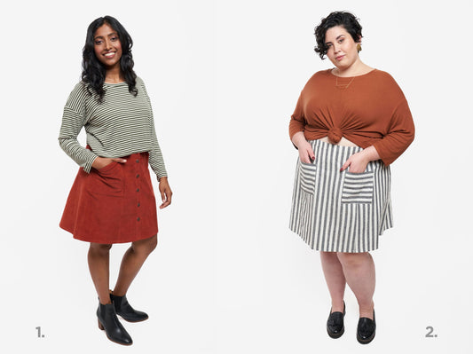 Two Reed Skirt styles: striped Hemlock Tee with rust corduroy skirt, and rust Hemlock Tee tied over gray striped skirt