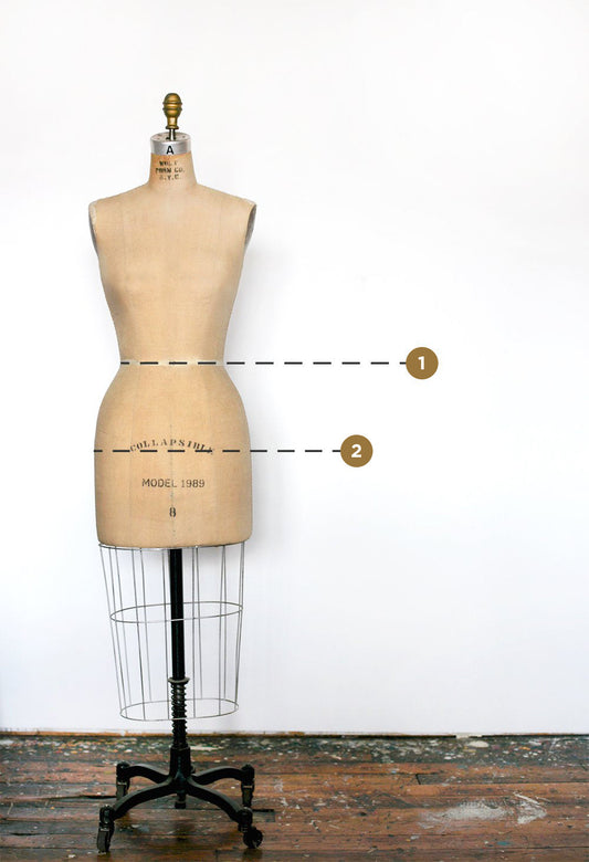 Vintage dress form with numbered dashed lines indicating bust, waist, and hip measurement points for Thayer Jacket sizing
