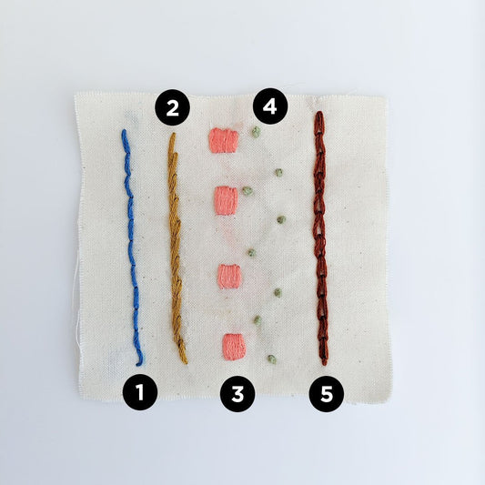 Embroidery sampler on cream linen showing back, stem, satin, French knot, and chain stitches, numbered 1-5