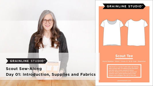 YouTube thumbnail for Scout Sew-Along Day 01: Introduction, Supplies and Fabrics, white Scout Tee and pattern envelope
