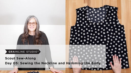 YouTube thumbnail for Scout Sew-Along Day 05: Sewing the Neckline and Hemming the Body, finished polka dot tee laid flat
