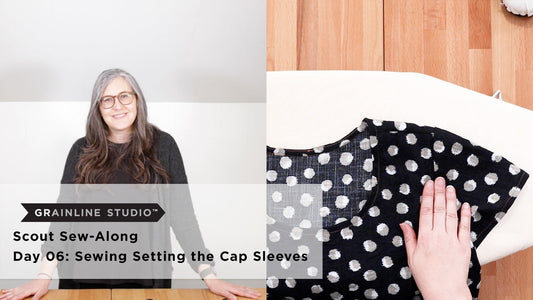 YouTube thumbnail for Scout Sew-Along Day 06: Setting the Cap Sleeves, hands aligning polka dot tee sleeve seam