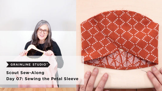 YouTube thumbnail for Scout Sew-Along Day 07: Sewing the Petal Sleeve, pink tee on hanger and rust print sleeve detail