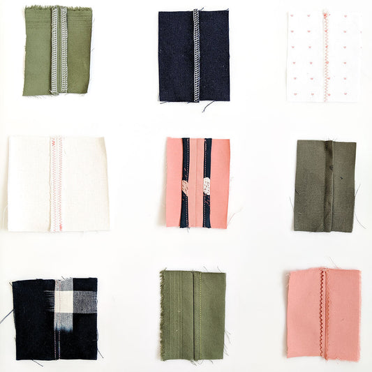 Nine seam finish samples including French seam, bound seam, zigzag, and Hong Kong finish
