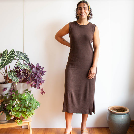 Sleeveless Lark Tee Dress in brown ribbed knit, midi-length with straight skirt silhouette, crew neckline, and side slit