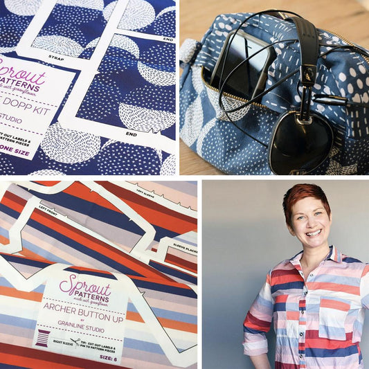 Sprout Patterns x Grainline Studio collaboration: Stowe Bag and Archer Button Up patterns printed on custom Spoonflower fabric