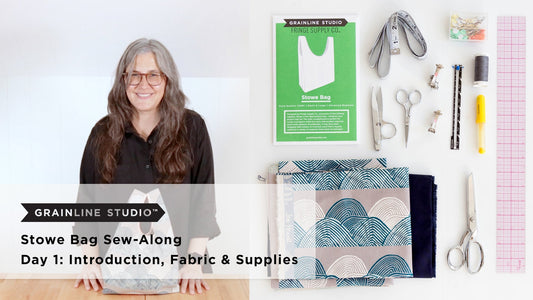 YouTube thumbnail for Stowe Bag Sew-Along Day 1: Introduction, Fabric & Supplies, pattern envelope and sewing tools