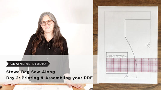YouTube thumbnail for Stowe Bag Sew-Along Day 2: Printing & Assembling your PDF, printed pattern page with scale square