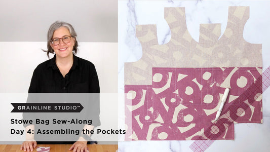 YouTube thumbnail for Stowe Bag Sew-Along Day 4: Assembling the Pockets, bag pieces cut from mauve print fabric