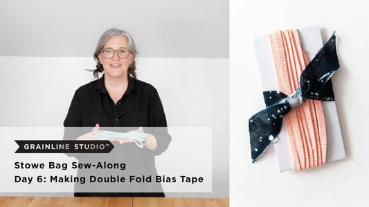 YouTube thumbnail for Stowe Bag Sew-Along Day 6: Making Double Fold Bias Tape, mint bias tape and coral bias tape close-up