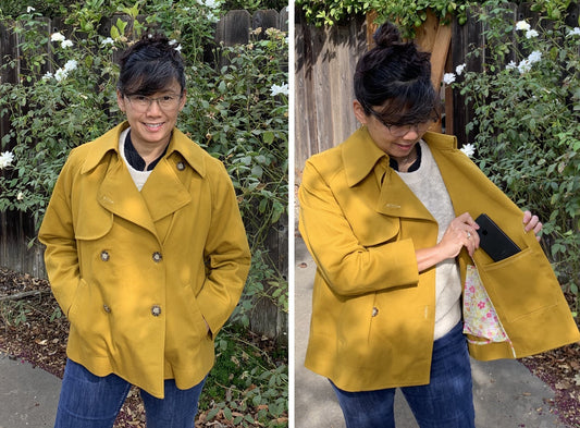 Two photos of mustard Cortland Trench with patch pockets, front view and detail showing pocket with floral lining