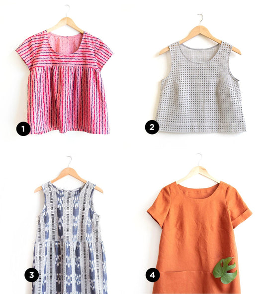 Four pattern hacks on hangers: pink striped Scout, gray eyelet Willow, orange linen Uniform, blue ikat Willow dress
