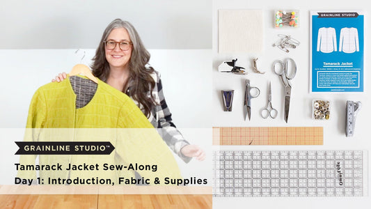 YouTube thumbnail for Tamarack Jacket Sew-Along Day 1: Introduction, Fabric & Supplies, yellow jacket and sewing tools