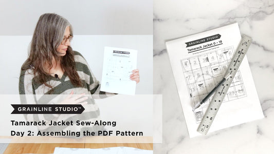 YouTube thumbnail for Tamarack Jacket Sew-Along Day 2: Assembling the PDF Pattern, pattern pages and ruler on marble