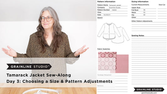 YouTube thumbnail for Tamarack Jacket Sew-Along Day 3: Choosing a Size & Pattern Adjustments, blank sizing worksheet