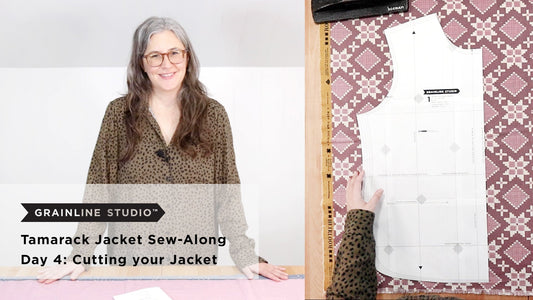 YouTube thumbnail for Tamarack Jacket Sew-Along Day 4: Cutting your Jacket, woman standing, pattern piece pinned to fabric