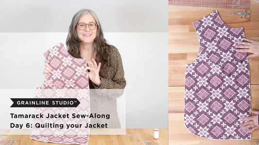 YouTube thumbnail for Tamarack Jacket Sew-Along Day 6: Quilting your Jacket, jacket piece and quilted panel close-up