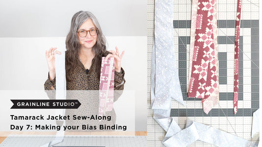 YouTube thumbnail for Tamarack Jacket Sew-Along Day 7: Making your Bias Binding, woman holding fabric strips, cutting mat