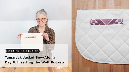 YouTube thumbnail for Tamarack Jacket Sew-Along Day 8: Inserting the Welt Pockets, cream fabric with welt pocket close-up