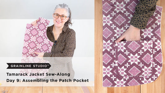 YouTube thumbnail for Tamarack Jacket Sew-Along Day 9: Assembling the Patch Pocket, fabric piece and sewn pocket close-up