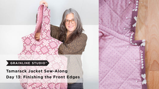 YouTube thumbnail for Tamarack Jacket Sew-Along Day 13: Finishing the Front Edges, jacket and pinned binding detail