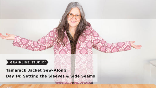 YouTube thumbnail for Tamarack Jacket Sew-Along Day 14: Setting the Sleeves & Side Seams, woman wearing pink quilted jacket