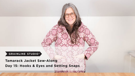 YouTube thumbnail for Tamarack Jacket Sew-Along Day 15: Hooks & Eyes and Setting Snaps, woman wearing pink quilted jacket