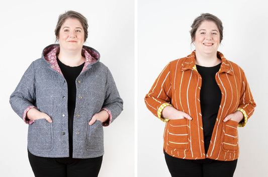 Two Tamarack Jackets: chambray hooded version with pink floral lining, and rust striped version with collar