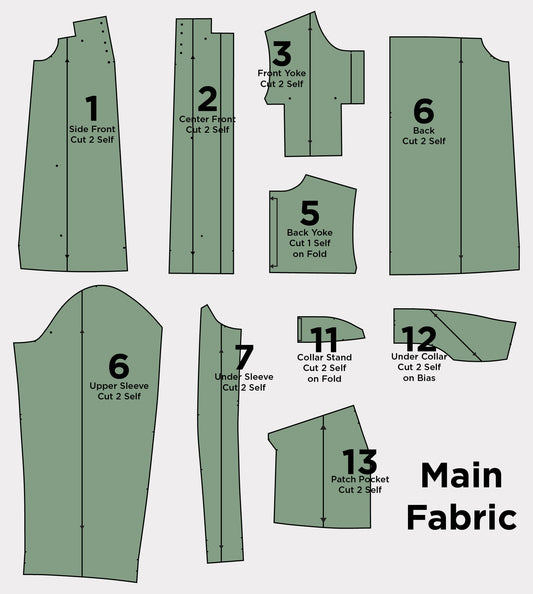 Thayer Jacket main fabric pattern pieces diagram, numbered 1-13, including front, back, yoke, sleeve, collar, and pocket