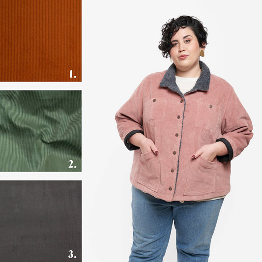 Thayer Jacket in rose corduroy with charcoal sherpa collar, with three corduroy colorway swatches: rust, sage, and charcoal