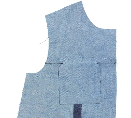 Thayer Sew-Along: Assembling the Fronts, showing wrong side of denim front with yoke seam sewn and loose inseam pocket lining