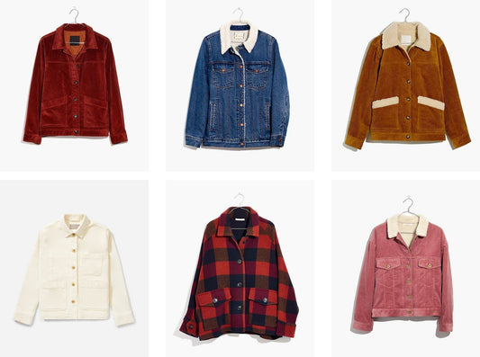 Six jacket inspirations on hangers in red corduroy, denim, caramel corduroy, cream canvas, buffalo plaid, and mauve corduroy