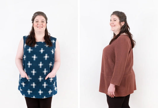 Two Uniform Tunic views: navy cross-print sleeveless and rust long-sleeve, shown front and side on model, white background