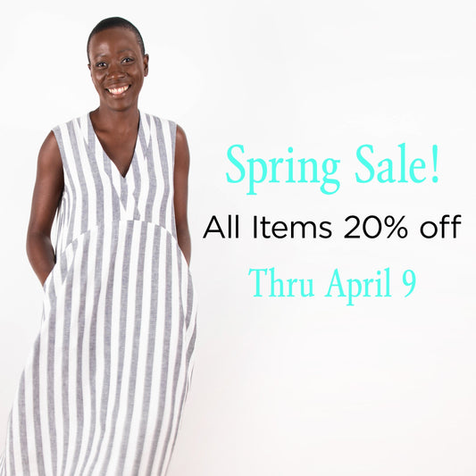 Spring Sale graphic: All Items 20% off Thru April 9, woman wearing gray and white striped linen-rayon blend Felix dress