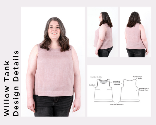 Willow Tank in pink linen shown front, side, and back, plus flat sketches labeling neckline, bust darts, and A-line fit