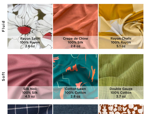 Fabric swatch chart for Willow Tank & Dress: rayon satin, silk crepe de chine, silk noil, cotton lawn, double gauze