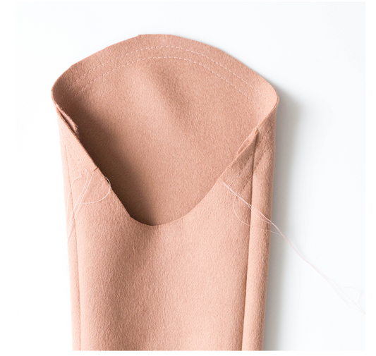 Yates Coat blush wool sleeve cap with double basting stitches, ready to set into armhole