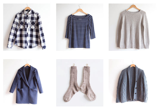 Archer in navy plaid, Lark Tee in navy stripe, handknit sweater in oatmeal, Yates Coat in navy, handknit socks and cardigan