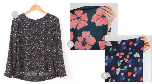 Hadley Top in three fabric options: charcoal speckled, teal with coral floral print, and navy with multicolor floral print