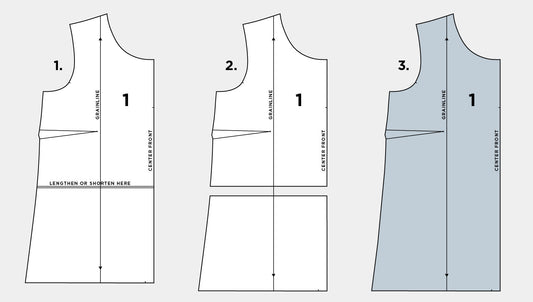 Hadley Top front pattern piece: three-step length adjustment showing original, cut apart, and completed in blue