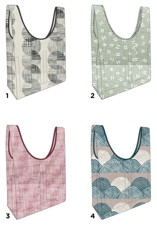 Four Stowe Bag fabric mockups: black and white geometric, sage with white marks, pink crosshatch, and teal wave print