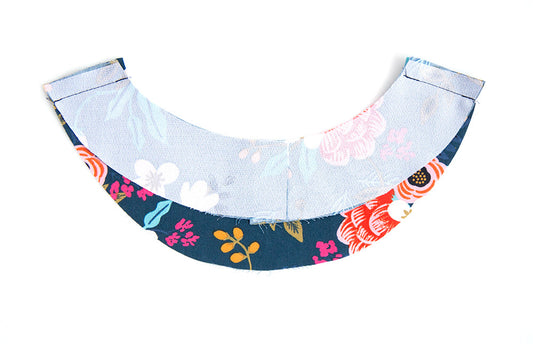 Farrow Dress neckline facings at shoulder seams: front facing right side up, back facings wrong side up showing interfacing