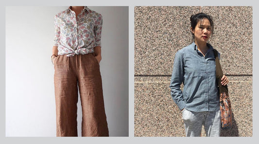 Two Archer Button Up versions: pink floral tied at waist with rust linen pants, and chambray blue untucked with white pants
